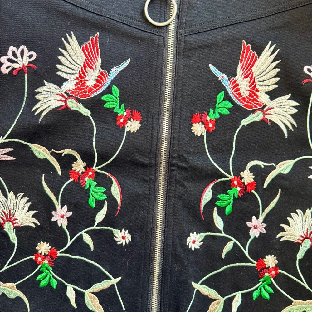 Oober Swank Embroidered Mini Skirt Black Bird Floral Zip Front Ring Zipper - Picture 6 of 8